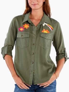 Billy T Peace & Love Embroidered Utility Shirt Soft Olive Green